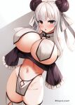  1girl arms_under_breasts bangs breast_curtains breasts chinese_clothes cleavage demon_girl double_bun huge_breasts large_breasts marota navel original pelvic_curtain purple_eyes revealing_clothes solo thick_thighs thighhighs thighs white_hair white_legwear 