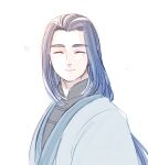 1boy blue_hair closed_eyes eyebrows_visible_through_hair highres long_hair male_focus micho simple_background smile solo the_legend_of_luo_xiaohei upper_body white_background wuxian_(the_legend_of_luoxiaohei) 