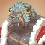 1boy absurdres bara blue_hair broken_horn curled_horns demon_king_fish fangs fur-trimmed_jacket fur_trim furry furry_male grey_fur highres horns jacket krampus_(tokyo_houkago_summoners) long_sideburns looking_at_viewer male_cleavage male_focus mature_male medium_hair muscular muscular_male official_alternate_costume open_clothes open_jacket pectorals portrait red_jacket santa_costume scar scar_across_eye scar_on_cheek scar_on_chest scar_on_face scar_on_forehead sideburns solo thick_eyebrows tokyo_houkago_summoners upper_body 