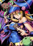  1girl bare_shoulders blonde_hair blush blush_stickers breasts card covered_navel dark_magician_girl duel_monster green_eyes hat highres large_breasts long_hair one_eye_closed pentacle scapegoat teng_zhai_zi wand winged_kuriboh wings wizard_hat yu-gi-oh! yu-gi-oh!_sevens 