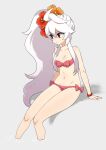  1girl bare_shoulders breasts cleavage closed_mouth collarbone emperors_saga flower hair_flower hair_ornament long_hair maka_(saga) makasama_fc navel red_eyes saga side_ponytail simple_background solo swimsuit white_background white_hair 