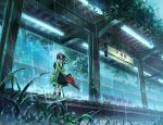  1girl absurdres chair cloud cloudy_sky grass highres light_bulb luc_(user_xzsx2472) original rain raincoat scenery skirt sky solo standing train_station train_station_platform umbrella 