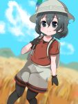  1girl aramaru backpack bag bangs black_eyes black_gloves black_hair black_legwear blue_sky blurry blurry_background closed_mouth cloud cloudy_sky depth_of_field dutch_angle eyebrows_visible_through_hair gloves grey_headwear grey_shorts hat_feather helmet highres kaban_(kemono_friends) kemono_friends legwear_under_shorts outdoors pantyhose pith_helmet red_shirt shirt short_hair short_sleeves shorts sky smile solo standing 