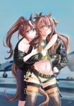  2girls animal_ears blue_eyes blue_sky blurry blurry_background bomber_jacket brown_hair commentary_request crop_top day ear_ribbon green_jacket high_ponytail highres horse_ears horse_girl horse_tail hug hug_from_behind jacket long_hair looking_at_viewer mayano_top_gun_(umamusume) multicolored_hair multiple_girls omichi_(gutteli) short_shorts shorts sky streaked_hair tail thighhighs tokai_teio_(umamusume) top_gun two-tone_hair two_side_up umamusume white_shorts yellow_eyes 