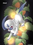  absol artist_name character_name claws commentary_request full_body gen_3_pokemon leaf looking_at_viewer no_humans pokemon pokemon_(creature) red_eyes sasabunecafe solo white_fur 