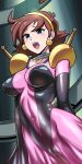  1girl absurdres blue_eyes blush bodysuit brown_hair cameltoe covered_navel covered_nipples g_gundam gundam highres impossible_bodysuit impossible_clothes jazz_jack mobile_trace_suit multicolored multicolored_bodysuit multicolored_clothes pink_bodysuit rain_mikamura skin_tight solo 