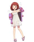  :3 :d alternate_breast_size animal_slippers armpits bare_legs bare_shoulders blush blush_stickers bob_cut commentary dress flat_chest hands_up highres idolmaster idolmaster_million_live! itohari_(mamiiori1) jacket jacket_partially_removed looking_at_viewer nonohara_akane one_eye_closed open_mouth purple_jacket see-through_silhouette simple_background sleeveless sleeveless_dress slippers smile white_background white_dress 