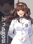  1girl ahoge alternate_costume breasts brown_hair character_name double_bun hairband highres himeyamato jacket kantai_collection kongou_(kancolle) large_breasts long_hair long_sleeves military military_uniform pants purple_eyes solo two_side_up uniform white_jacket white_pants white_uniform 