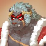  1boy absurdres bara blue_hair broken_horn curled_horns demon_king_fish eye_mask fangs fur-trimmed_jacket fur_trim furry furry_male grey_fur highres horns jacket krampus_(tokyo_houkago_summoners) long_sideburns looking_at_viewer male_cleavage male_focus mature_male medium_hair muscular muscular_male official_alternate_costume open_clothes open_jacket pectorals portrait red_jacket santa_costume scar scar_across_eye scar_on_cheek scar_on_chest scar_on_face scar_on_forehead sideburns solo thick_eyebrows tokyo_houkago_summoners upper_body wrestling_mask 