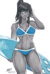  1girl artist_name avatar_(series) bikini blue_eyes breasts brown_hair commentary cowboy_shot dark_skin english_commentary holding holding_surfboard iahfy korra large_breasts navel patreon_username ponytail simple_background smile solo surfboard swimsuit the_legend_of_korra twitter_username watermark white_background 