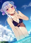  1girl all_fours bangs barefoot bikini blue_bikini blunt_bangs blurry blurry_background blush braid breasts cleavage cloud cloudy_sky commentary_request day double_bun dutch_angle eyebrows_visible_through_hair finger_to_own_chin full_body halterneck hand_up jitome kamizaki_hibana long_hair looking_at_viewer medium_breasts navel open_mouth original outdoors partially_submerged partially_underwater_shot purple_eyes side-tie_bikini sidelocks silver_hair sky sleeveless solo string_bikini swimsuit thigh_gap wet 