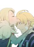  1boy 1girl ahoge bandaid bandaid_on_cheek blonde_hair closed_eyes forehead_kiss fur_trim highres judy_(unlimited_saga) kiss kobayashi_chizuru kurt long_hair saga simple_background unlimited_saga white_background 