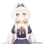  1girl alternate_costume an-94_(girls&#039;_frontline) artist_name bangs black_dress blonde_hair blue_eyes blue_ribbon bow commentary_request dress ge_zhong_kuaile girls&#039;_frontline hair_between_eyes hair_bow hair_over_shoulder hairband juliet_sleeves long_hair long_sleeves looking_at_viewer puffy_sleeves ribbon short_sleeves solo upper_body white_background yellow_neckwear yellow_ribbon younger 