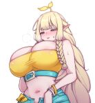  1girl alternate_costume artist_request bangs belt_buckle blonde_hair blue_eyes blunt_bangs blush bracelet braid braided_ponytail breasts buckle cleavage condom dungeon_and_fighter half-closed_eyes huge_breasts jewelry knight_(dungeon_and_fighter) korean_commentary long_hair midriff navel open_fly parted_lips pointy_ears sidelocks simple_background solo strapless sweatdrop tubetop upper_body very_long_hair white_background 