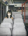  1girl bangs black_hair brown_eyes bus_interior earrings expressionless eyebrows_visible_through_hair highres jewelry long_hair original shadow solo utsuwa0120 