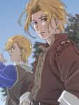  2boys belt blonde_hair gustave_xiii kelvin kobayashi_chizuru looking_at_viewer looking_back male_focus messy_hair multiple_boys open_mouth purple_eyes saga saga_frontier_2 standing 