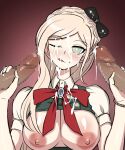  1girl 2boys akisora bangs belt black_bow blonde_hair blush bow braid breasts bukkake censored collared_shirt commentary_request cum cum_on_clothes danganronpa_(series) danganronpa_2:_goodbye_despair dress erection facial gem green_dress green_eyes hair_bow handjob heart heart-shaped_pupils large_breasts long_hair mosaic_censoring multiple_boys nipples penis puffy_short_sleeves puffy_sleeves red_bow shirt short_sleeves simple_background sonia_nevermind symbol-shaped_pupils tongue tongue_out upper_body 