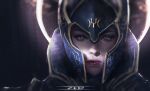  1girl artist_name close-up closed_mouth collar commentary dota_(series) dota_2 english_commentary full_moon helmet highres lips lipstick looking_at_viewer luna_(dota) makeup moon night night_sky purple_eyes sky solo zed_(trungbui42) 