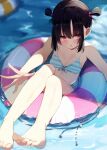  1girl \||/ bangs bare_legs barefoot bikini bikini_top black_hair blue_bikini blush breasts commentary_request feet foreshortening full_body hair_between_eyes hair_over_one_eye hair_rings innertube jitome kamizaki_hibana looking_at_viewer medium_hair open_mouth original pink_eyes sidelocks solo striped striped_bikini swimsuit toes water white_bikini 