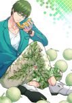  1boy aqua_jacket food fruit fruit_background glasses green_eyes green_hair green_pants holding holding_food holding_fruit jacket kuroko_no_basuke looking_at_viewer male_focus melon midorima_shintarou pants shirt shoes short_hair sitting solo watch white_footwear white_shirt wristwatch zawar379 