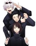  1girl 2boys :d ^_^ accelerando bangs black_eyes black_hair black_jacket brown_eyes closed_eyes closed_mouth double_v ear_piercing eyewear_on_head gakuran getou_suguru gojou_satoru hair_bun hair_pulled_back hand_up hands_up high_collar highres ieiri_shoko jacket jujutsu_kaisen long_sleeves looking_at_viewer mole mole_under_eye multiple_boys open_mouth piercing round_eyewear school_uniform short_hair simple_background smile sunglasses swept_bangs teeth upper_body v white_background white_hair 