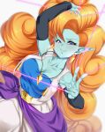  1girl arm_up baggy_pants belt black_sleeves blue_eyes blue_shirt breasts colored_skin curly_hair detached_sleeves dragon_ball dragon_ball_z earrings green_skin jewelry long_hair necklace orange_hair pants pointy_ears rom_(20) shirt simple_background solo very_long_hair white_background white_pants zangya 