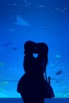  2girls aquarium bag blue_theme closed_eyes cowboy_shot dating fish from_side handbag highres kiss long_hair manta_ray monochrome multiple_girls original silhouette skirt water yuri yuritamashi 