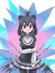  1girl animal_ears aramaru bangs black_eyes black_legwear black_sweater bob_cut collared_shirt commentary crested_porcupine_(kemono_friends) eyebrows_visible_through_hair grey_hair grey_neckwear grey_shirt grey_skirt hand_on_own_arm highres kemono_friends long_sleeves looking_at_viewer medium_hair miniskirt necktie open_mouth pantyhose pleated_skirt shirt skirt smile solo standing striped striped_skirt sweater wing_collar 