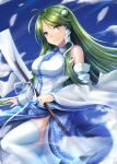  1girl above_clouds bangs between_fingers blue_neckwear blue_skirt blue_sky blush breasts card closed_mouth cloud detached_sleeves fingernails floating frog_hair_ornament gohei green_eyes green_hair green_nails green_pupils hair_ornament hair_tubes highres holding holding_card knee_up kochiya_sanae lips long_hair long_skirt looking_at_viewer medium_breasts necktie oonusa polka_dot_neckwear polka_dot_skirt polka_dot_trim ribbon seiya_(iiseven) shiny shiny_hair shiny_skin side_slit signature single_sidelock skirt sky smile snake_hair_ornament solo thighhighs thighs touhou very_long_hair white_legwear white_ribbon wide_sleeves wind 