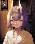  1girl bespectacled bob_cut collarbone cosplay eyebrows_visible_through_hair fate/grand_order fate_(series) glasses highres horns leon_the_professional looking_at_viewer norman_stansfield norman_stansfield_(cosplay) oni oni_horns photo-referenced photo_inset purple_eyes purple_hair reference_inset round_eyewear shuten_douji_(fate) solo taino_kou thick_eyebrows upper_body 