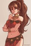  1girl bracelet breasts brown_hair closed_mouth dancer earrings jewelry long_hair looking_at_viewer ma-hain-scarlet midriff mole mole_under_mouth navel necklace octopath_traveler ponytail primrose_azelhart simple_background solo 