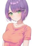  1girl bangs bralines breasts collarbone commentary english_commentary eyebrows_visible_through_hair fangs green_eyes hair_behind_ear head_tilt highres hololive looking_at_viewer medium_breasts orange_shirt pointy_ears portrait purple_hair shirt short_hair simple_background skin_fangs smile solo syhan t-shirt tokoyami_towa virtual_youtuber white_background 