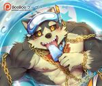  1boy abs animal_ears bara bare_pectorals black_sclera blush booboo_(19816236) chain colored_sclera diving_mask diving_mask_on_head dog_boy dog_ears food furry furry_male gamr_(tokyo_houkago_summoners) goggles goggles_on_head highres holding ice_cream innertube licking looking_at_viewer male_focus male_swimwear muscular muscular_male nipples pectorals solo stomach swim_trunks tokyo_houkago_summoners tongue tongue_out upper_body wet 