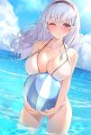  1girl ;) azur_lane ball bangs bare_arms bare_shoulders beachball bikini black_hairband blue_sky blunt_bangs blush breast_rest breasts cleavage closed_mouth cloud collarbone commentary cowboy_shot day dido_(azur_lane) dutch_angle eyebrows_visible_through_hair hairband halterneck highres holding holding_ball horizon kanno_esuto large_breasts long_hair looking_at_viewer nose_blush ocean one_eye_closed outdoors purple_eyes silver_hair sky smile solo sunlight swimsuit wading water wet white_bikini 