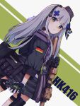 1girl 404_(girls&#039;_frontline) absurdres assault_rifle bangs bei_hua beret dutch_angle german_flag girls&#039;_frontline gloves green_background green_eyes grey_background gun h&amp;k_hk416 hat headgear heckler_&amp;_koch highres hk416_(girls&#039;_frontline) id_card long_hair looking_at_viewer military_jacket multicolored multicolored_background official_alternate_costume rifle silver_hair solo thigh_strap weapon white_hair 
