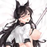  1girl animal_ears atago_(azur_lane) atago_(stunning_speedster)_(azur_lane) azur_lane bed_sheet black_hair breasts commentary cropped cum cum_on_body cum_on_breasts dakimakura_(medium) drooling flag from_above hair_ribbon heart heart-shaped_pupils large_breasts long_hair looking_at_viewer lying mole mole_under_eye nipples official_alternate_costume on_side open_mouth qi_yuan_zhi_yu ribbon saliva sample shirt shrug_(clothing) smile solo symbol-shaped_pupils tongue tongue_out upper_body white_ribbon white_shirt yellow_eyes 