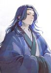  1boy blue_hair blue_robe earrings expressionless hands_in_opposite_sleeves highres jewelry lanxi_zhen laojun_(the_legend_of_luoxiaohei) long_hair looking_at_viewer micho shadow simple_background solo the_legend_of_luo_xiaohei white_background 