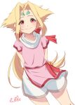  1girl blonde_hair blush breasts closed_mouth facial_mark fiona_(zoids) forehead_mark hair_ribbon long_hair looking_at_viewer nyantiu ponytail red_eyes ribbon simple_background smile solo very_long_hair white_background zoids 