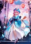  1girl bag blue_dress bug butterfly candy_apple dress duplicate food grilled_fish highres holding holding_food ke-ta lantern pink_hair pixel-perfect_duplicate plastic_bag red_eyes saigyouji_yuyuko scenery short_hair socks solo stairs torii touhou tree white_legwear 