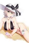  1girl absurdres aquila_(azur_lane) aquila_(sardegnian_shallows_and_sunshine)_(azur_lane) azur_lane bikini black_ribbon braid breasts center_opening choker eyebrows_visible_through_hair feet_out_of_frame green_eyes grey_hair hair_between_eyes hat highleg highleg_bikini highres large_breasts long_hair looking_at_viewer nya_cot official_alternate_costume ribbon sand simple_background single_braid skindentation solo sun_hat swimsuit thigh_strap thighs white_background white_choker white_headwear 