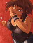  1girl alternate_costume bare_shoulders black_tank_top blue_pants boku_no_hero_academia bra bra_strap bra_through_clothes breasts brown_hair bruise bruise_on_face cleavage clenched_hand determined highres injury khyleri large_breasts looking_at_viewer navel official_alternate_costume pants red_background red_eyes shade shading solo tagme tank_top u.a._gym_uniform underwear uraraka_ochako white_bra 