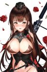  1girl :d ahoge asymmetrical_gloves bangs bare_shoulders between_breasts bipod black_bra black_headwear black_panties blunt_bangs blush bra breasts brown_eyes brown_hair bullet cape cape_removed cartridge commentary_request corset dakimakura_(medium) damaged dsr-50_(girls&#039;_frontline) dsr-50_(weapon) elbow_gloves eyebrows_visible_through_hair flower garrison_cap girls&#039;_frontline gloves grey_shirt gun hair_ornament hat korean_commentary large_breasts long_hair looking_at_viewer lying narae necktie necktie_between_breasts on_back open_mouth panties petals red_eyes red_flower red_rose rifle rose rose_petals scope shirt simple_background single_elbow_glove smile sniper_rifle solo torn_clothes underwear uneven_gloves very_long_hair weapon white_background 