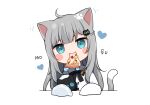  amashiro_natsuki animal_ears aqua_eyes bow catgirl chibi doll food gray_hair heart long_hair nacho_neko original pizza tail white 