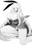  1girl absurdres alcohol animal_ears bare_shoulders blush breasts collarbone cup drunk eyebrows_visible_through_hair fake_animal_ears greyscale highres holding holding_cup large_breasts long_hair long_sleeves mole mole_under_eye monochrome open_mouth original panties rabbit_(wlsdnjs950) rabbit_ears sakazuki sake simple_background skindentation smile solo underwear very_long_hair white_background wide_sleeves 