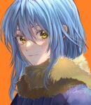  1other blue_coat blue_hair closed_mouth coat hair_between_eyes highres long_hair looking_at_viewer nukogami_(minniecatlove21) orange_background rimuru_tempest scarf shiny shiny_hair simple_background smile straight_hair tensei_shitara_slime_datta_ken yellow_eyes 