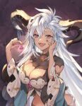  1girl breasts cleavage_cutout clothing_cutout dark_skin detached_sleeves dragon_girl dragon_horns earrings fangs fediel_(granblue_fantasy) granblue_fantasy hair_ornament hand_on_own_face horns jewelry large_breasts long_hair messy_hair nail_polish open_mouth purple_eyes shiromimin silver_hair skull_hair_ornament smile solo sparkle very_long_hair wide_sleeves 