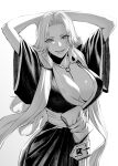  1girl arms_up bangs bleach breasts cleavage forehead greyscale haori highres japanese_clothes large_breasts long_hair long_sleeves looking_at_viewer matsumoto_rangiku mole mole_under_mouth monochrome mugetsu2501 open_mouth parted_lips sash smile solo taichou_haori wide_sleeves 