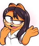  :d black_hair blush brown_eyes commentary english_commentary fusion garfield garfield_(character) hair_ornament hairclip ijiranaide_nagatoro-san long_hair moozua nagatoro_hayase open_mouth orange_fur parody shirt smile solo white_shirt 