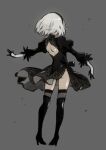  1girl black_dress black_hairband black_legwear boots dress gloves hairband high_heel_boots high_heels highres imigimuru nier_(series) nier_automata puffy_sleeves short_hair silver_hair simple_background solo thigh_boots thighhighs thighhighs_under_boots yorha_no._2_type_b 