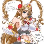  1girl blue_eyes breasts brown_hair closed_mouth dated drill_hair fingerless_gloves gloves hair_ornament haruyama_kazunori large_breasts long_hair looking_at_viewer midriff navel neige_hausen pointy_ears simple_background smile solo super_robot_wars super_robot_wars_og_saga_mugen_no_frontier super_robot_wars_og_saga_mugen_no_frontier_exceed white_background 